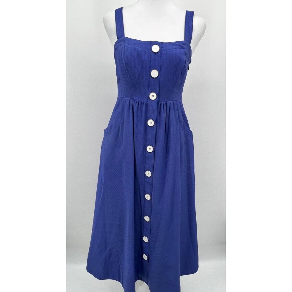 Anthropologie Maeve Rosemary Midi Dress Blue Sz 0 Button Front Pockets Twee